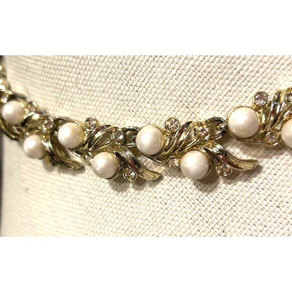 1970s Pearl Rhinestone Articulated Gold Tone Necklace 18" Sarah Cov Vintage - Picture 7 of 10
